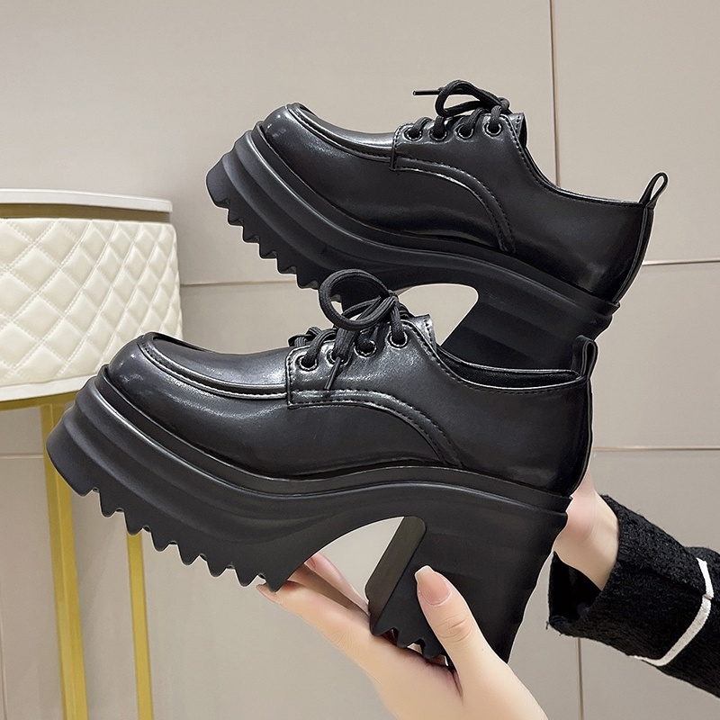 Black Oxford Shoes Woman Gothic 10cm High Heel Platform Lace-up Uniform ...