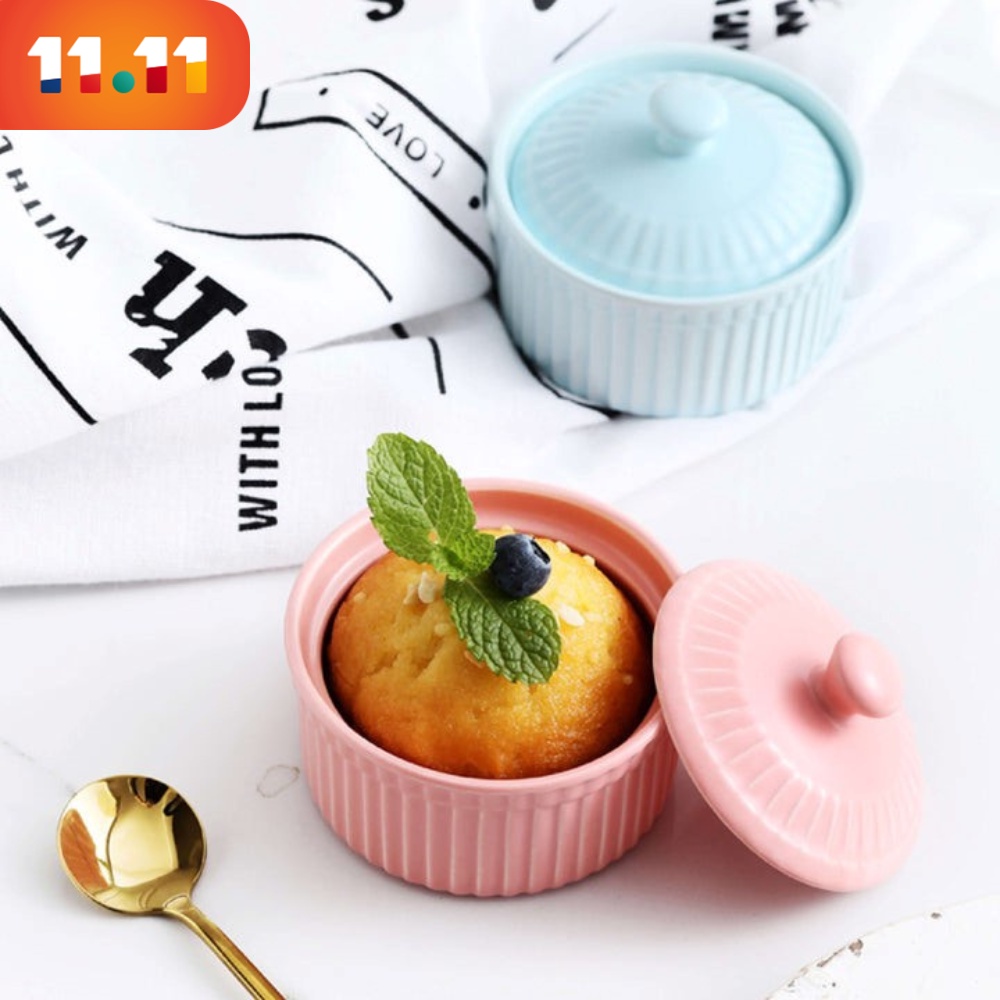 MEECO Nordic Style Ceramic Souffle Ramekin Baking Cup with Lid Seramik