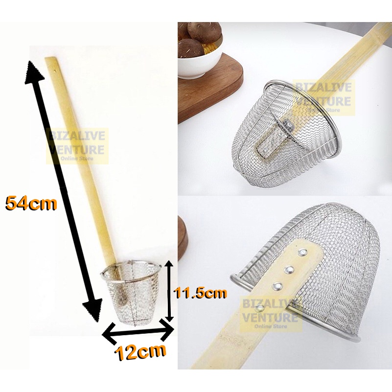 Stainless Steel Bamboo Noodle Strainer | Bambo Handle Strainer | Long Strainer | Colander | Tapis Mee | Penapis Mee