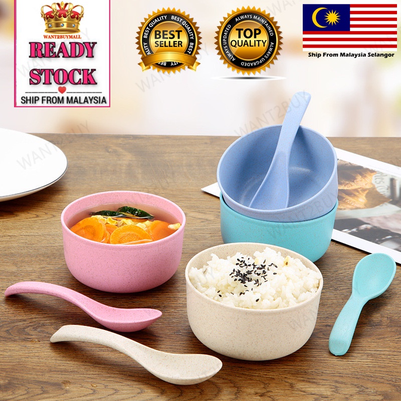 Wheat Bowl Plastic Rice Bowl Nordic Simple Dinner Dessert Snack Spoon Plate Tableware Microwave Safe Pinggan Mangkuk