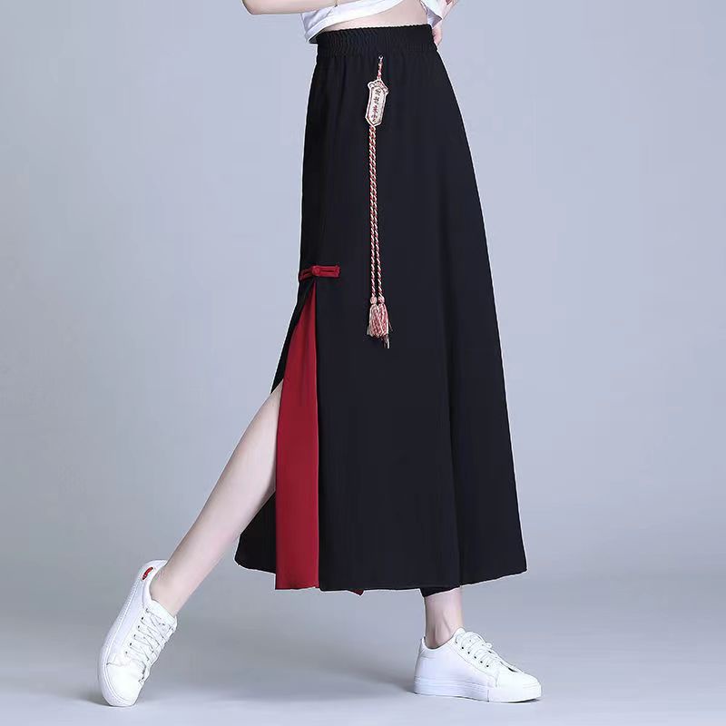 Chinese wind and snow textile pants cropped pants, high waisted pants, wide leg pants, drooping feeling, loose slit skirt pants 中国风 雪纺裤 九分裤 高腰裤 阔腿裤 垂坠感宽松开叉裙裤