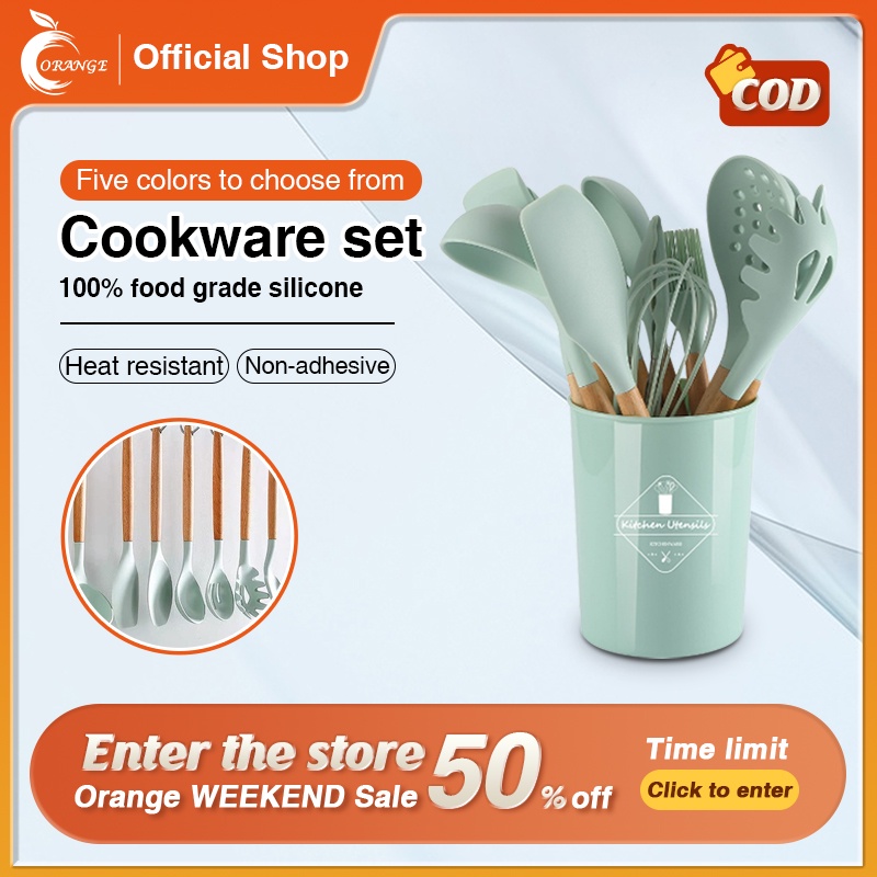 ORANGE 12pcs Cooking Tools Kitchen Cookware Set Silicone Utensils Cooking Cutleries Sets Sendok Viral Non-stick 硅胶餐具12件套