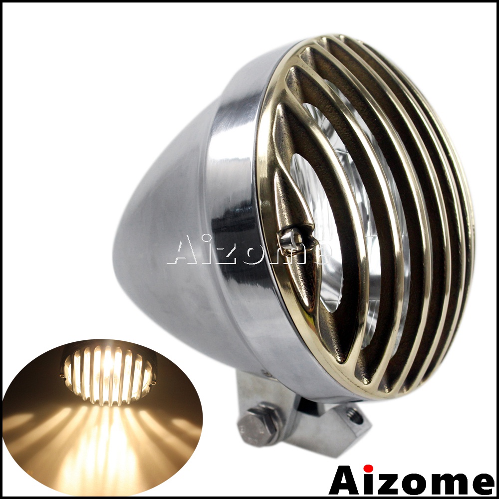 1x Brass Polish Headlight Prison Bar Grill Headlight For Harley XS650 Cafe Racer Chopper Bobber Old School 6.5" Hea