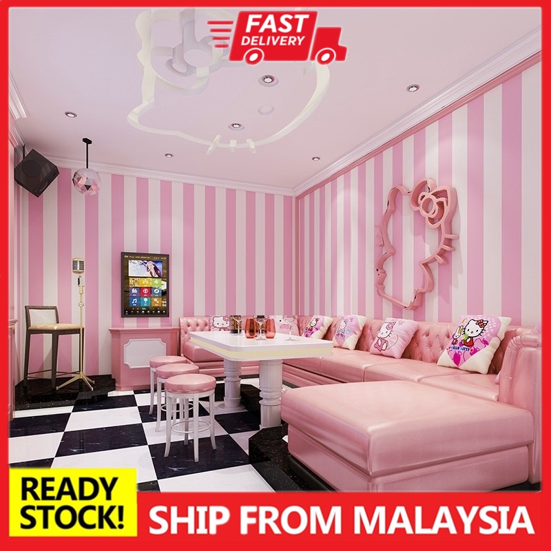 Princess pink cute girl non-woven living room bedroom pink striped wallpaper  modern home decoration wallpaper | Shopee Malaysia