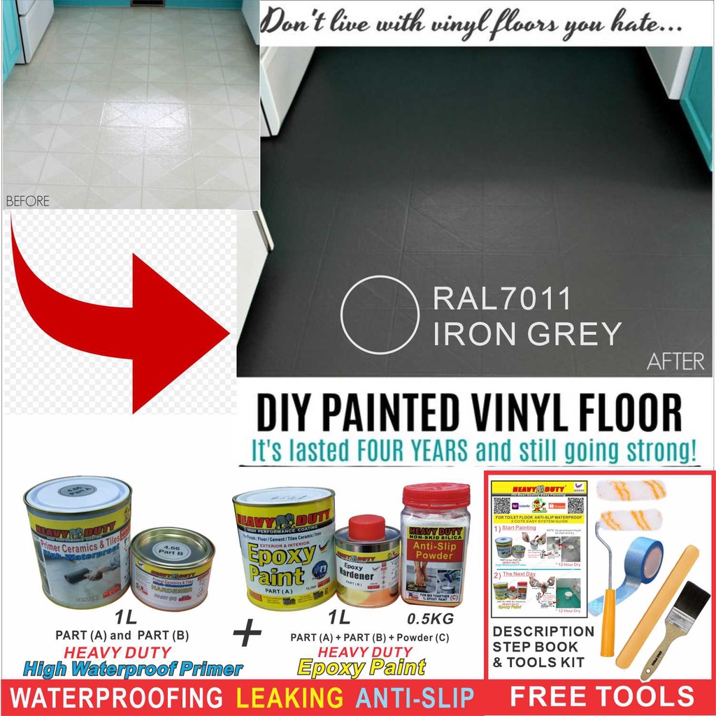 RAL7011 FULL SET Epoxy Floor Coating  HEAVY DUTY ( FREE Tool Set +1L PRIMER WATERPROOF+1L EPOXY + 0.5KG POWDER )