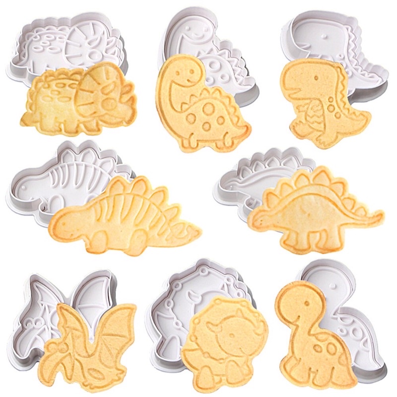 ReadyStock 4pcs/set Assorted Cartoon Cookie Cutter with Plunger Transport Dinosaur Animals Design Bread Stamp Cute Bento