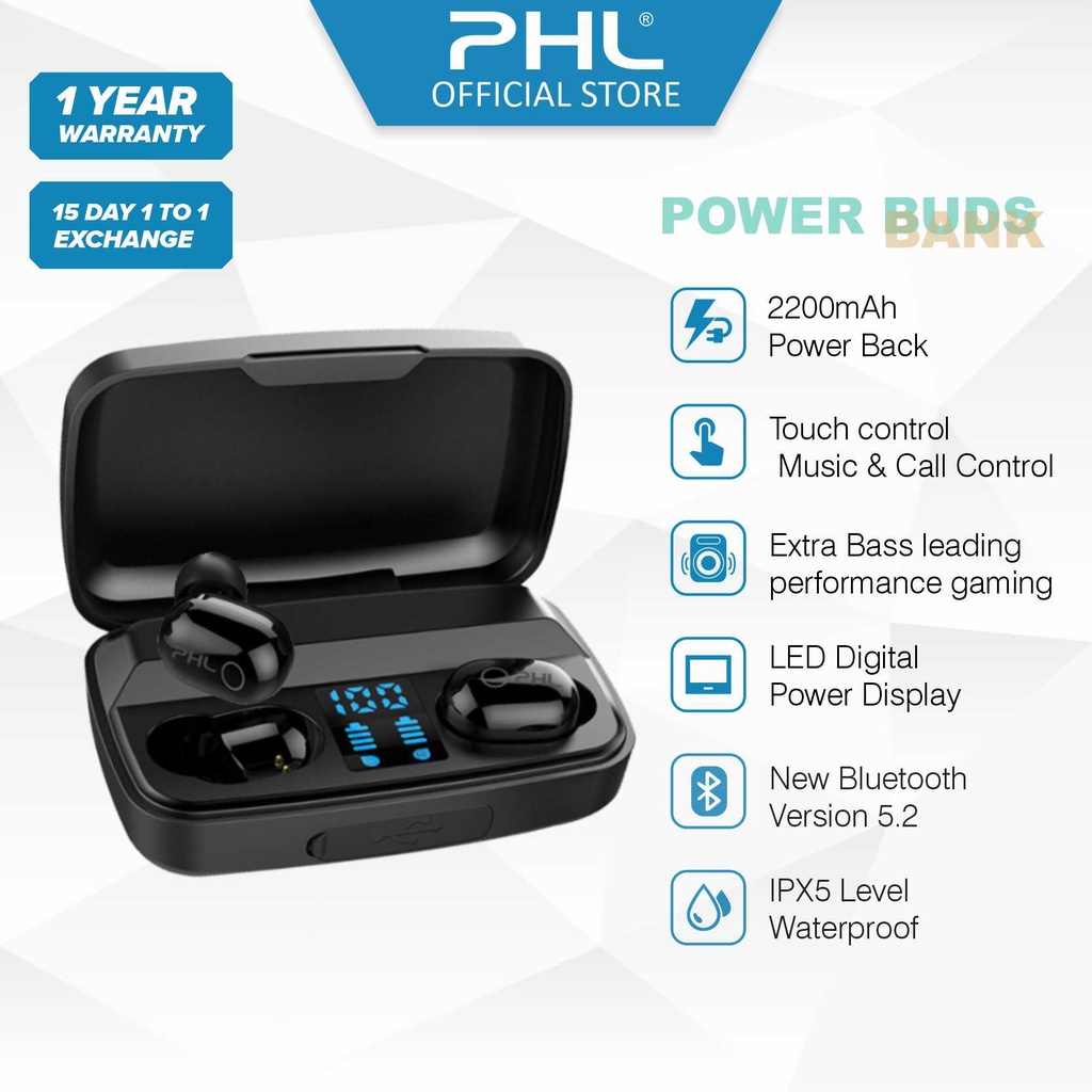 PHL Powerbuds TWS 22000mAH Power Bank Touch Control Bluetooth 5.0 Led Digital Display Sweat Erosion