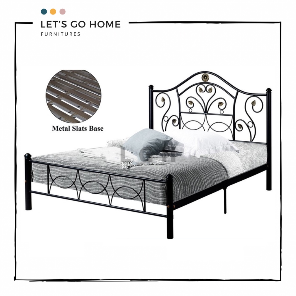 Matte Black Metal Queen Bed Frame | Katil Besi Queen | Metal Slats Base ...