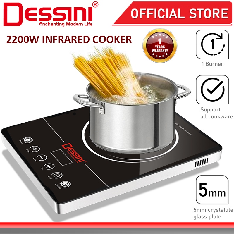 DESSINI ITALY Infrared Ceramic Cooker Hob Touch Control Panel 2 Burner Cooktop Tabletop Multi Pots Tempered Glass Stove