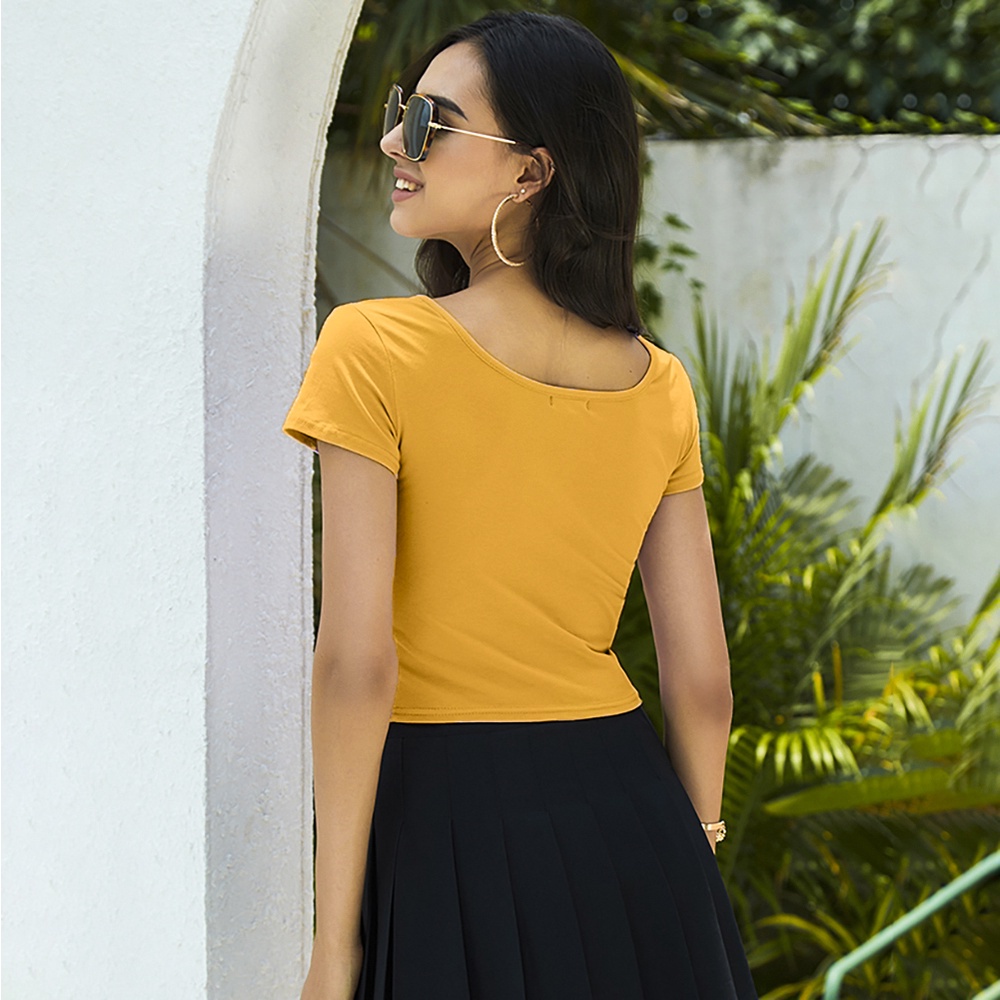 Reliable Premium Lovito Plain Button Cropped Shirt Fit Women Top T-Shirt L02001 (Black/Purple/Yellow/White/Green) Tem... - Image 4