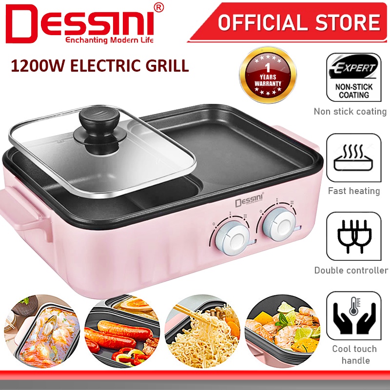 DESSINI ITALY Electric BBQ Grill Non-Stick Pan Teppanyaki Hot Pot Steamboat Barbecue Baking Pan Cooker Elektrik Stimbot