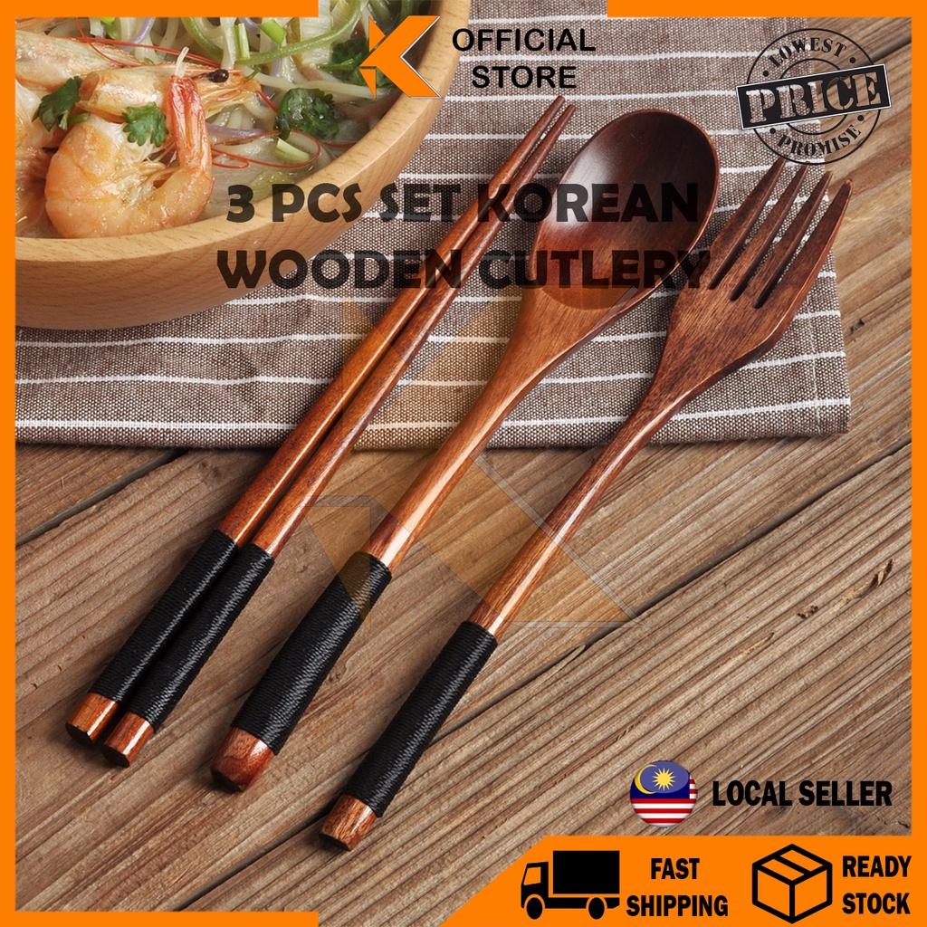 【K-Home】3-Piece Set Korean Wooden Cutlery Tableware Fork Spoon Chopsticks Solid Wood Long Handle Portable Cutlery
