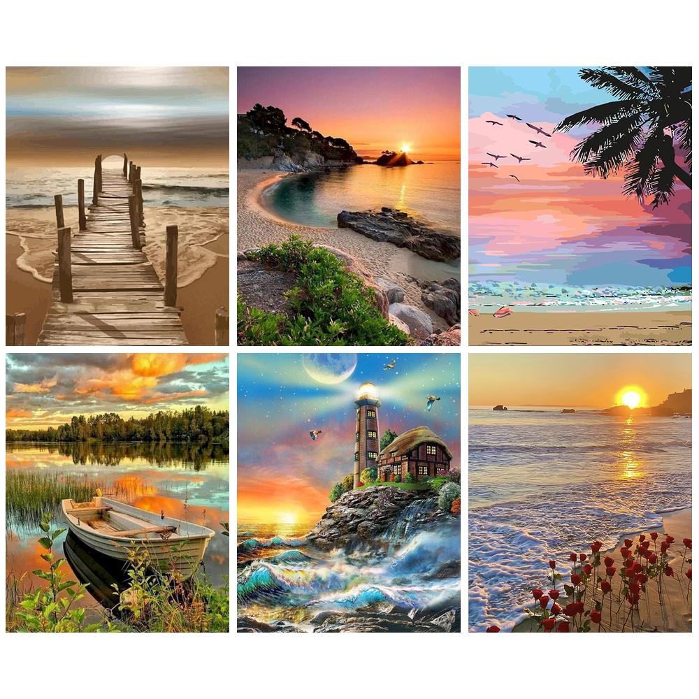 RUOPOTY 60x75cm/50x65cm/40x50cm Frame Painting By Numbers Sunset Scenery Drawing On Canvas HandPainted Art Home Decor Gift Picture By Number Sea Beach Kits