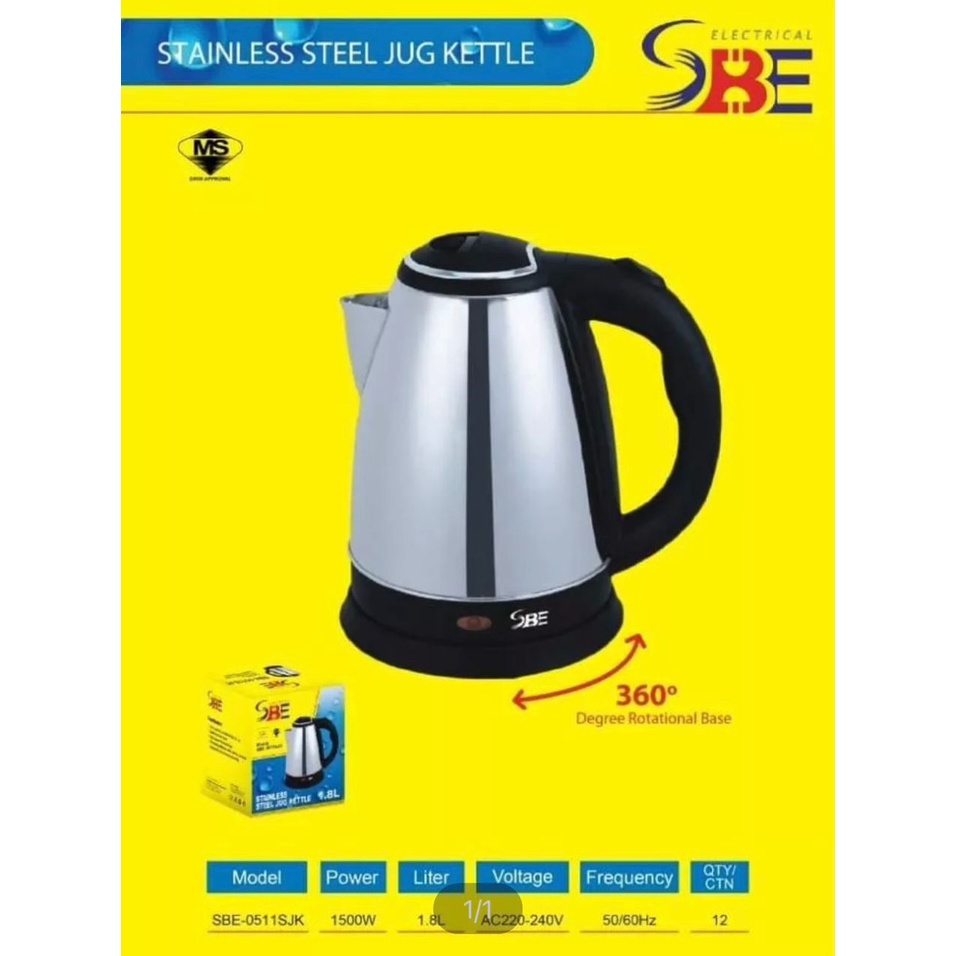 SBE 1.8L Electric Stainless Steel Jug Kettle 1500W (SIRIM)/ Cerek