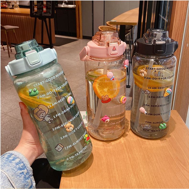 2000ml Reminder Fitness water bottle with straw scale Big bottle 2Liter Gym bottle Sport