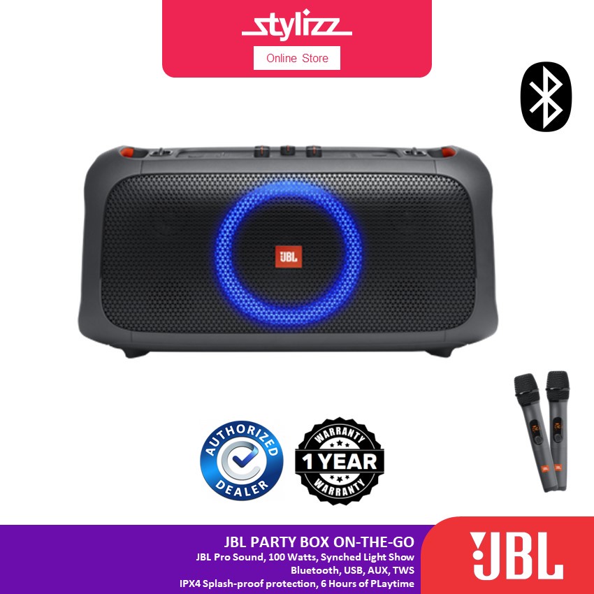JBL PARTYBOX ONTHEGO PORTABLE PARTY SPEAKER WITH BUILTIN LIGHTS AND 2 WIRELESS MIC INCLUDED