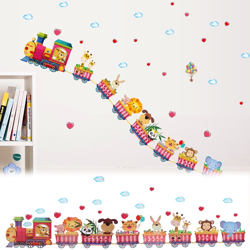 Cute Cartoon Wall Decal,Animal World Animation Train Wall Stickers