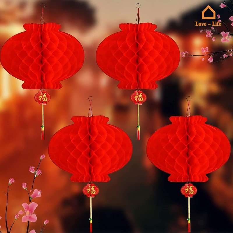 Traditional Chinese Red Paper Lantern/ Reusable Plastic Waterproof Honeycomb Lantern/ Spring Festival New Year Wall Street Trees Hanging Decoration