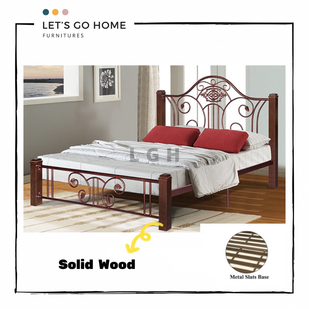 Wooden Metal Queen Bed Frame | Katil Besi Queen | Metal Slats Base Bed ...