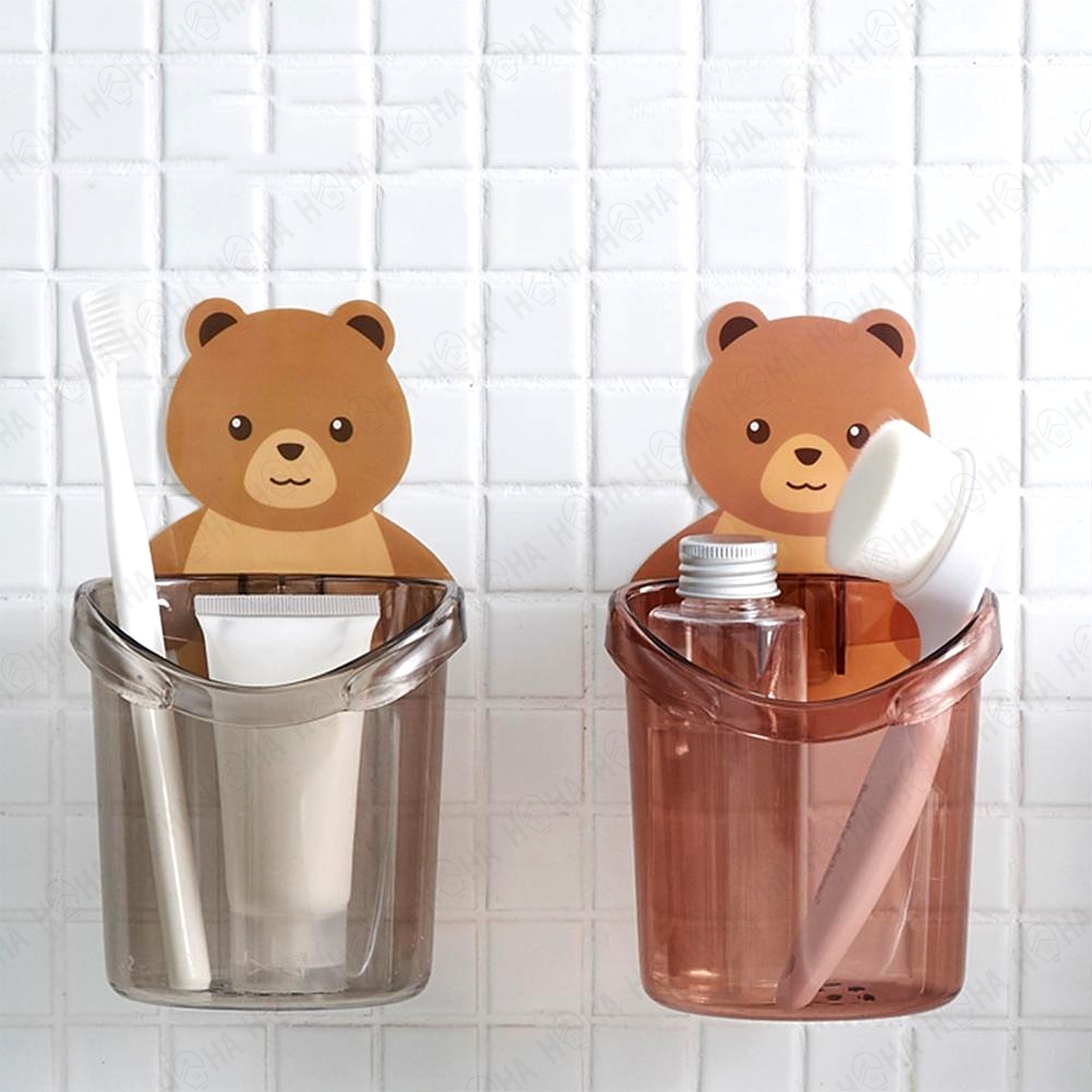 Cute Bear Design Wall Mounted Toothbrush Holder Organizer Storage Rack Cup Bathroom Toilet Cawan Berus Gosok Gigi 牙刷杯