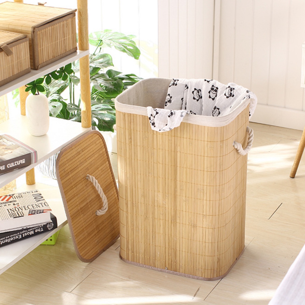 Folding Bamboo Laundry Basket with Lid Removable Bag Dirty Clothes
