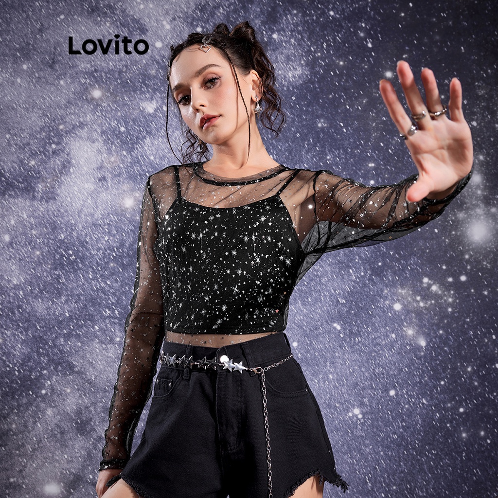 Durable Multi Lovito STAR GIRL Cute Galaxy Sheer Women Blouse L32AE014 (Black) Tempatan - Image 2