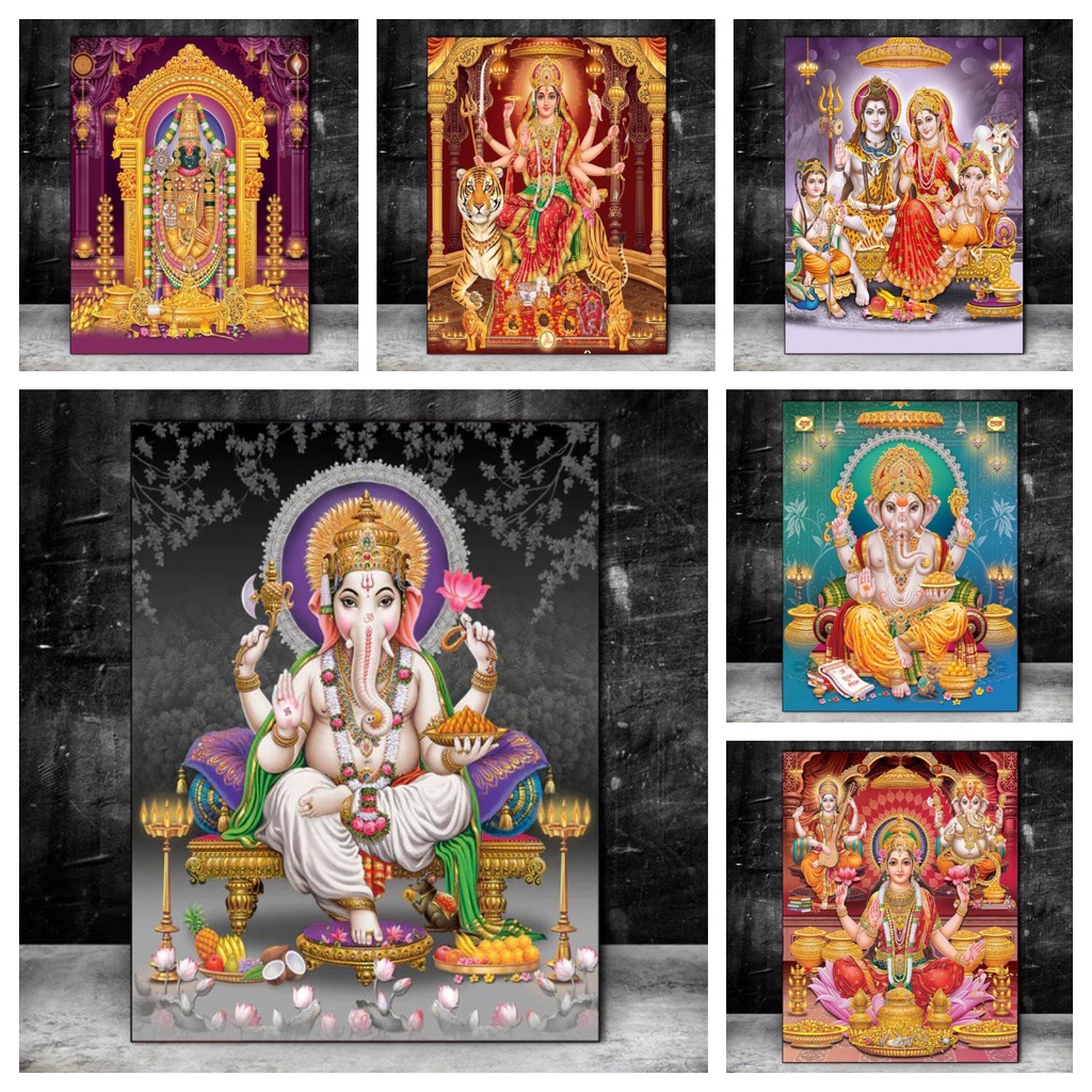 （small size）India Hindu Gold GaneshaTemple Elephant God Painting Saraswati Wall Art Canvas Posters Prints Religion