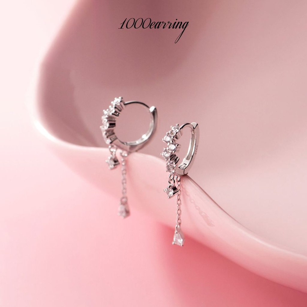 1000earring 925 Sterling Silver Diamond Huggie Tassel Earrings - Silver