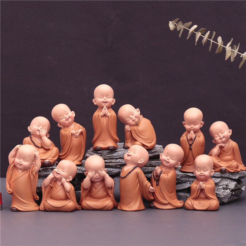 Cute Small Monk StatuesFigurines Religion Buddha Resin Crafts Desk Miniatures Ornaments Accessories Home Decor Car Decoration