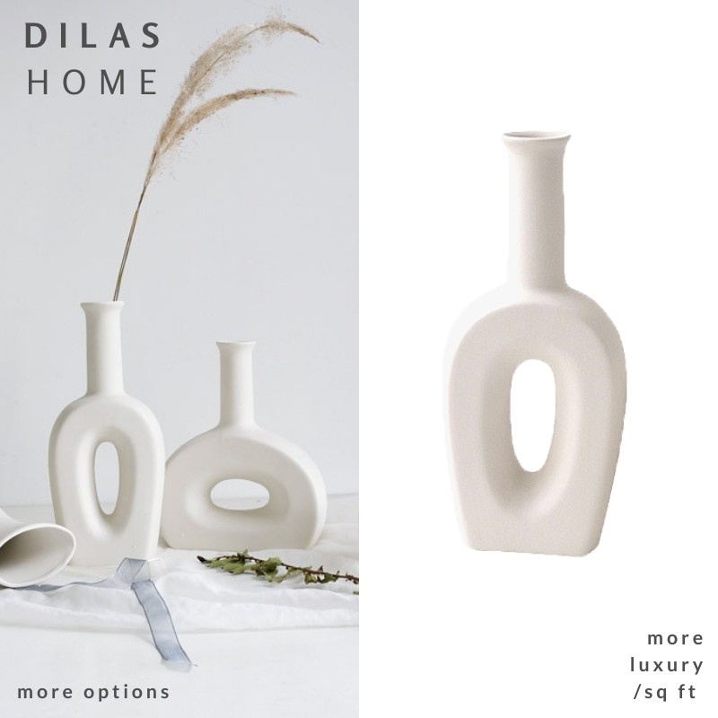 DILAS HOME Long Neck Earthy Cream Beige White Sculpture Hollow Ceramic Porcelain Vase