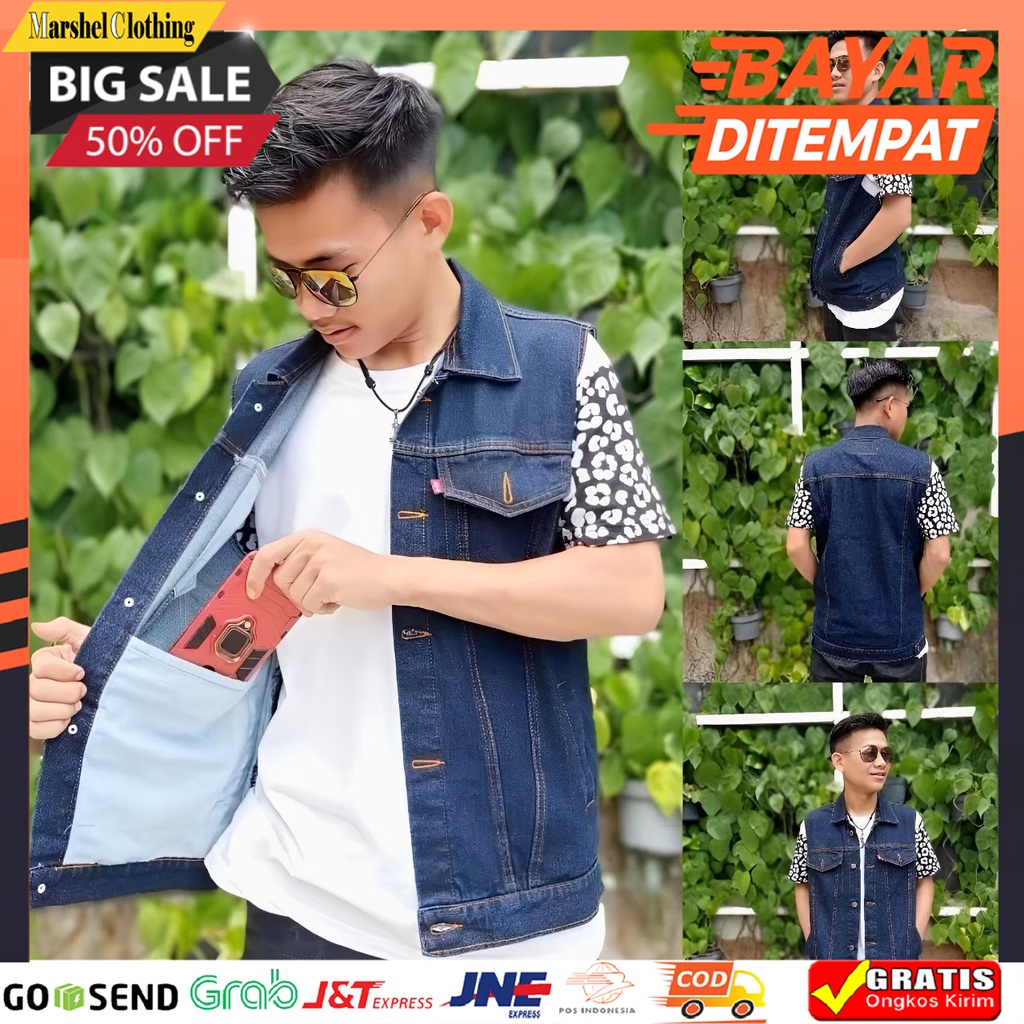 Pjв - Blueblack Denim Jeans Vest for Men Jumbo Big Size Birudongker Plain Boys Metal Oversize Premium Quality Ter Hit