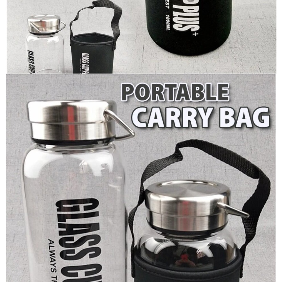 FREE GIFT idrop [ 1000ml ] Glass Cup Drinking Water Bottle with Bottle Carry Bag / Botol Air Kaca dengan Beg