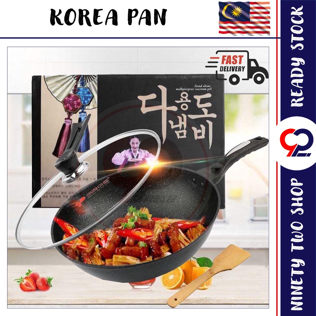 Korean Nonstick Deep Frying Wok Pan Maifan Marble Stone Cooking Pot Lid