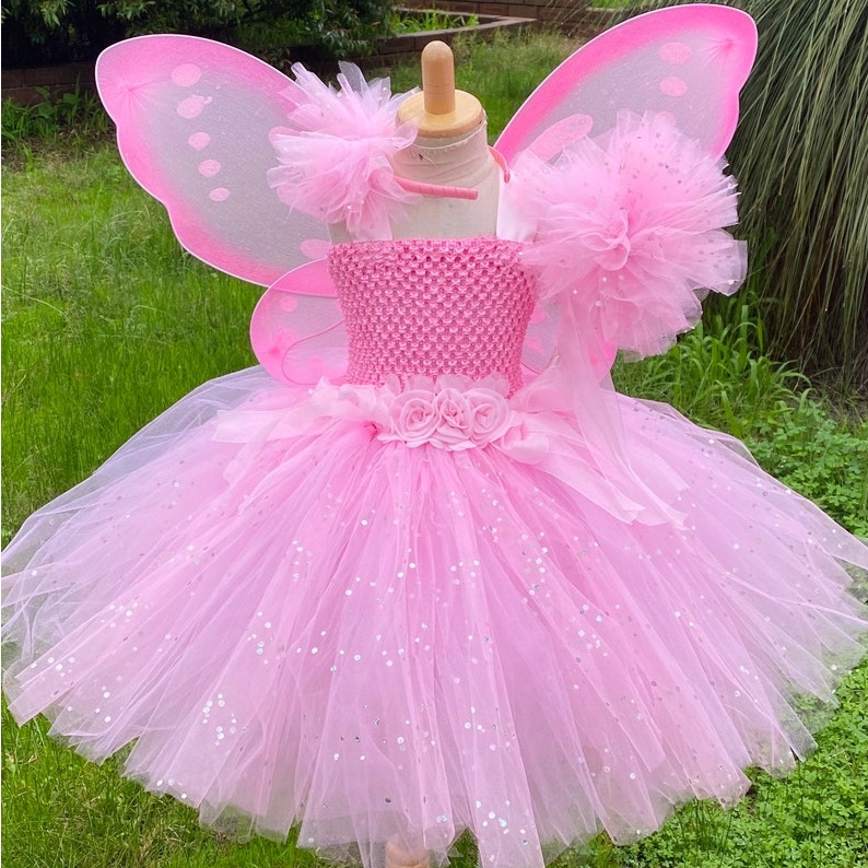 Girls Pink Fairy Dress Kids Glitter Tutu Flower Dresses with Wing and ...