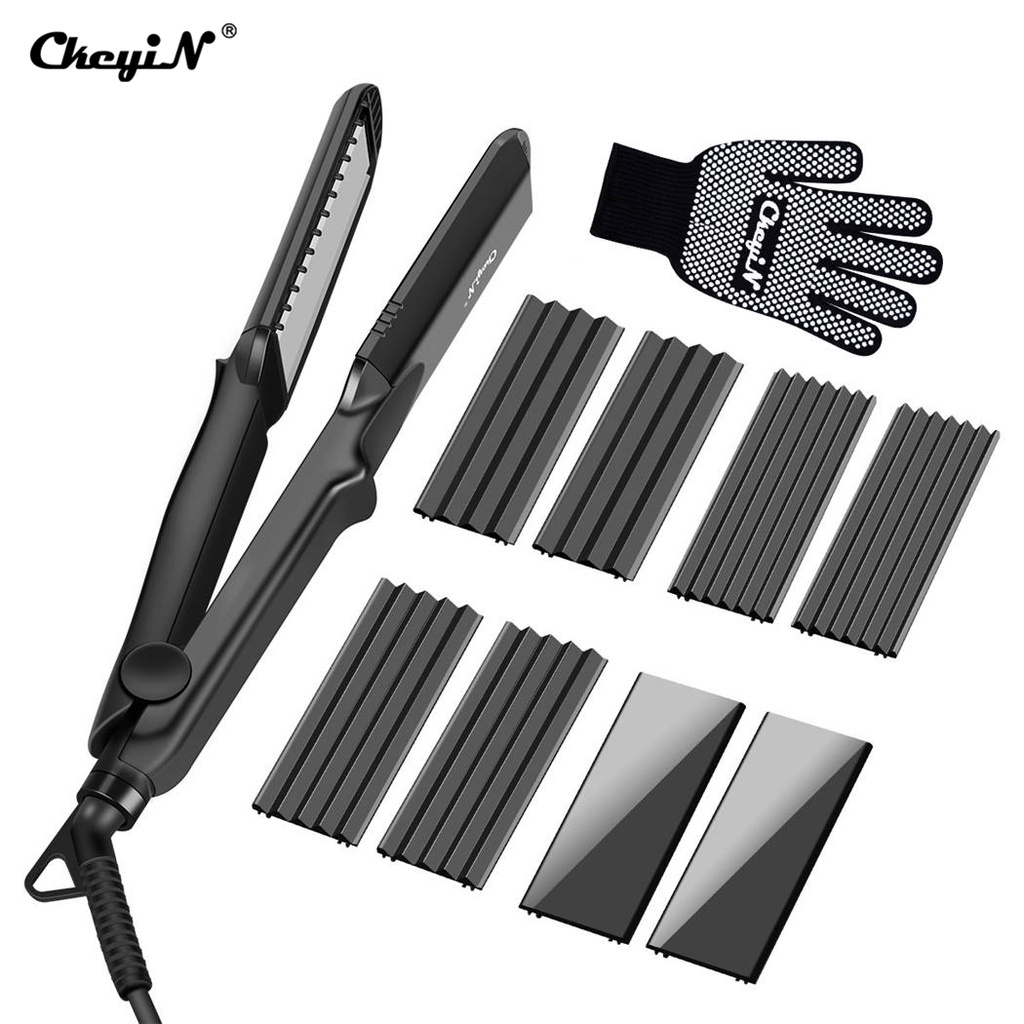 CkeyiN 4 in 1 Hair Straightener Interchangeable Plates Corrugated & Crimping Curling Flat Iron Hair Styling Tool With Glove HS200