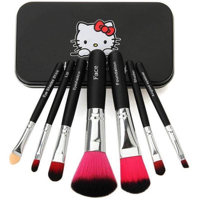FREE GIFT Hello Kitty 7pcs Brush kit with Metal Box (Black / Pink ) Brusher Cat