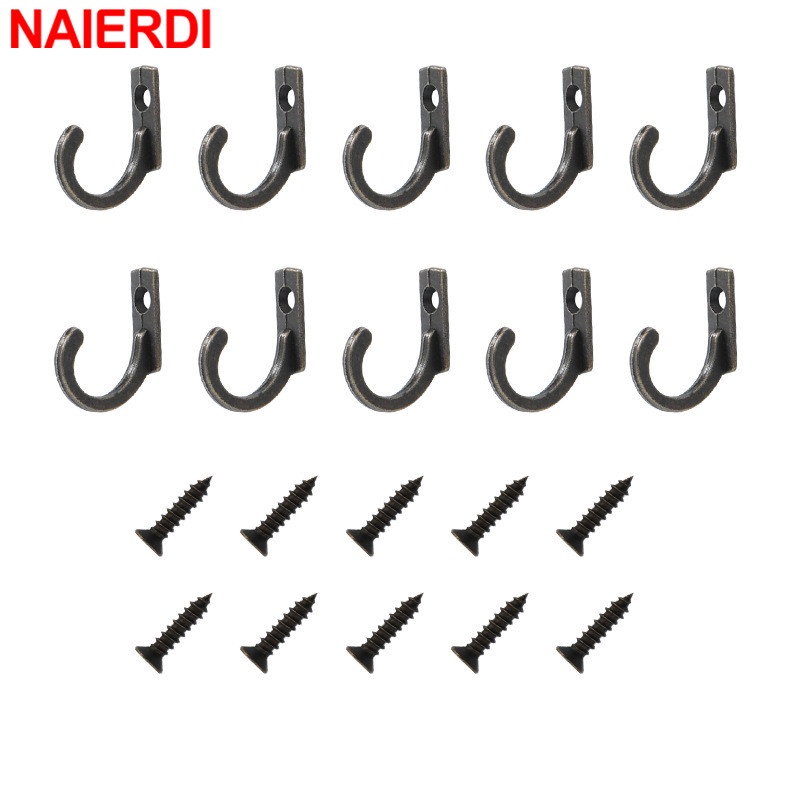 NAIERDI 10 Pieces Antique Hooks Zinc Alloy Small Bronze Wall Hanger Hook For Mini Wooden Jewelry Box Furniture Hardware