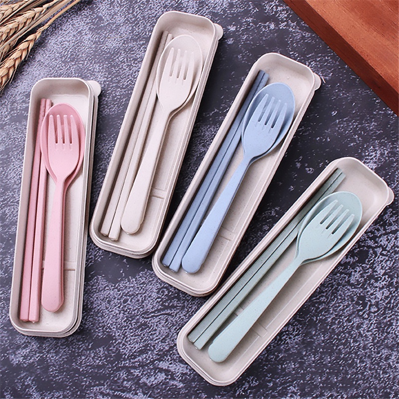 Wheat Cutlery Set 3 PCS Eco-friendly Lightweight Dinnerware Kit Box Chopsticks Spoon Fork Portable Utensils Outdoor Uses