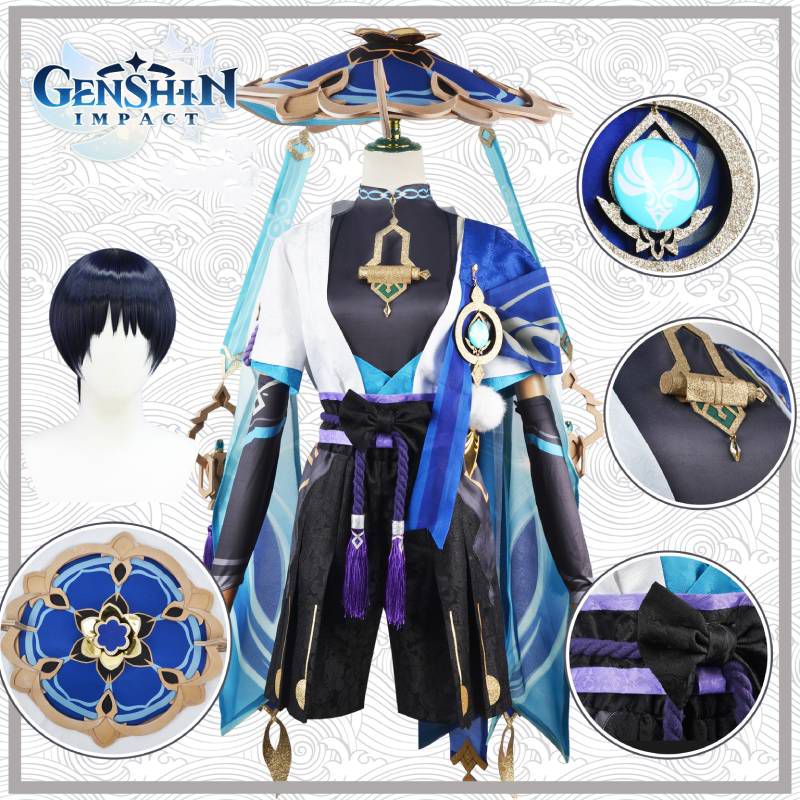 Genshin Impact Wanderer Kunikuzushi Cosplay Coat Trousers Bamboo Hat Costume Set Anime Uniform Halloween