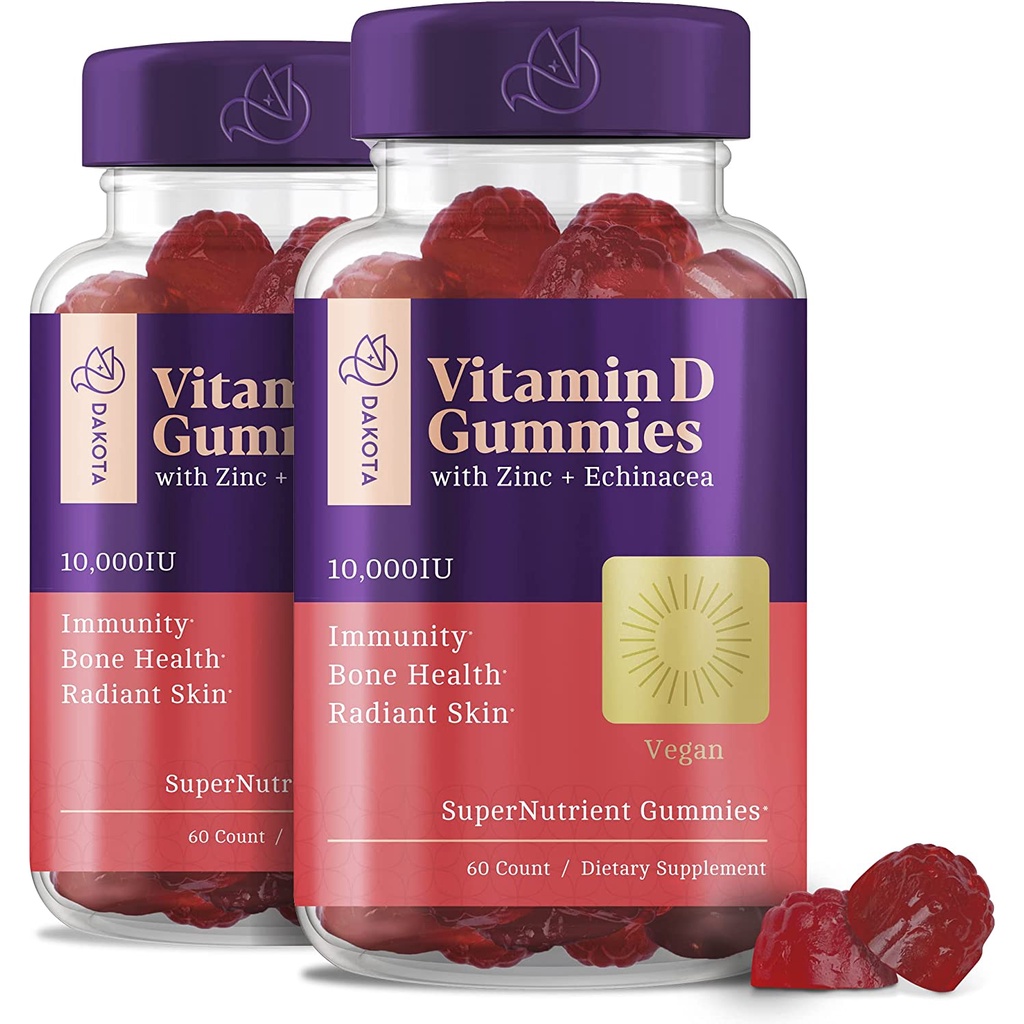 Vegan Vitamin D3 10000 IU 60 Gummies 2 Bottle with Zinc Echinacea Vit D Chewable Supplements