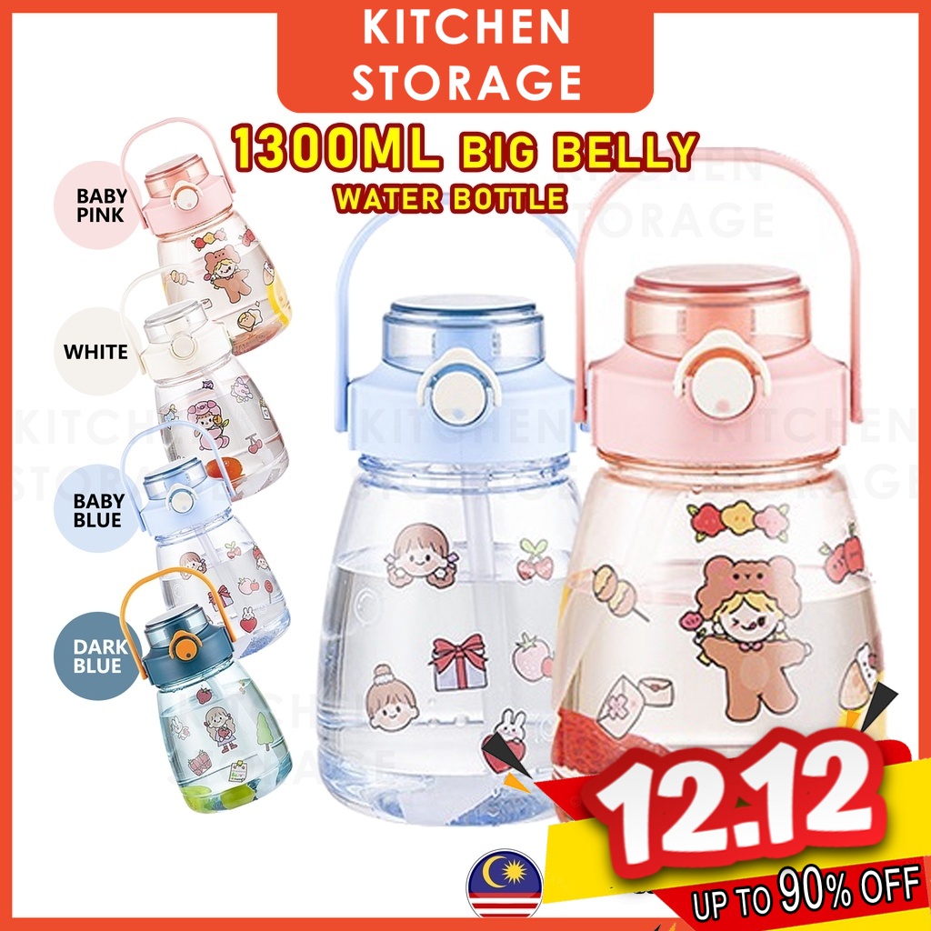 Ks 1300ml Big Belly Water Bottle Viral Cute Water Bottle With Straw 