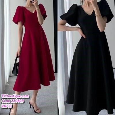 READY STOCK French Women V-Neck Puff Sleeve Long Midi Dress Wine Red/Black 220829