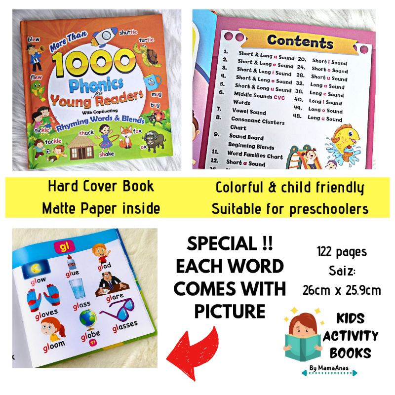 Phonics Book / Buku Phonics Bergambar / Hard Cover kids Book / 1000 Phonics for Young Reader / Picture Book Toodler Kids