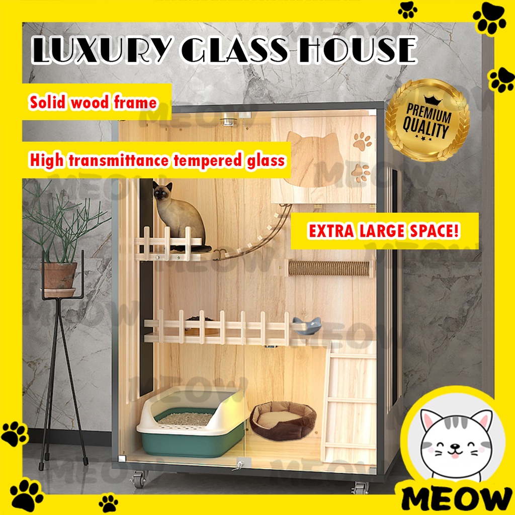MEOW Premium Wood Indoor Cat Luxury Villa Cage Tempered Glass Door Extra Large banglo kucing cat