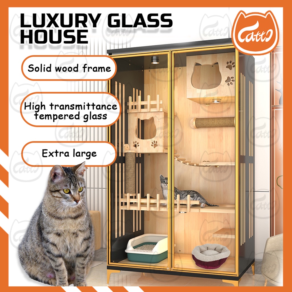 CATTO Premium Wood Indoor Cat Luxury Villa Cage Tempered Glass Door