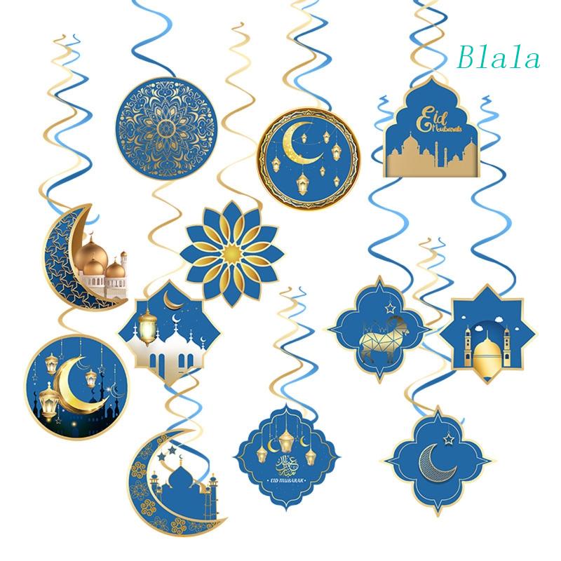 Blala 12pcs Eid Mubarak Hanging Swirl Ramadan Mubarak Decorations Happy Eid Ceiling Streamers for Eid Al-fitr Party Deco