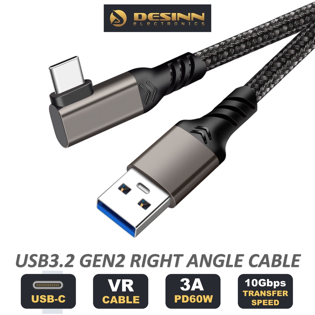 USB A 3.2 to Type C 10Gbps Right Angled VR Headset Charging Cable 1m PC Computer Gaming Wire for Oculus Quest 2 Rift