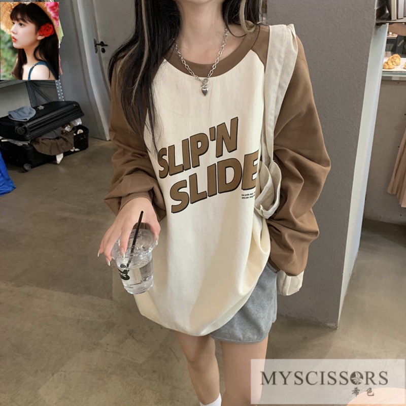 💥MYSCISSRS💥【40-150KG 胖女孩长袖T恤】Fashion Loose Long Sleeve Plus Size T Shirt Thin Splicing Bottom Oversized Tshirt Tops&300斤大码女装宽松显瘦M-4XL fat bigsize oversize women clothes