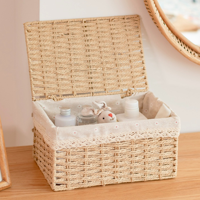 Ready Stock⚫SONDER⚫Rattan Basket Storage Basket with Lid Fabric Rattan Box Desktop Storage Sundries Toys Key Basket Cosmetic Storage Bakul Rotan 藤籃子