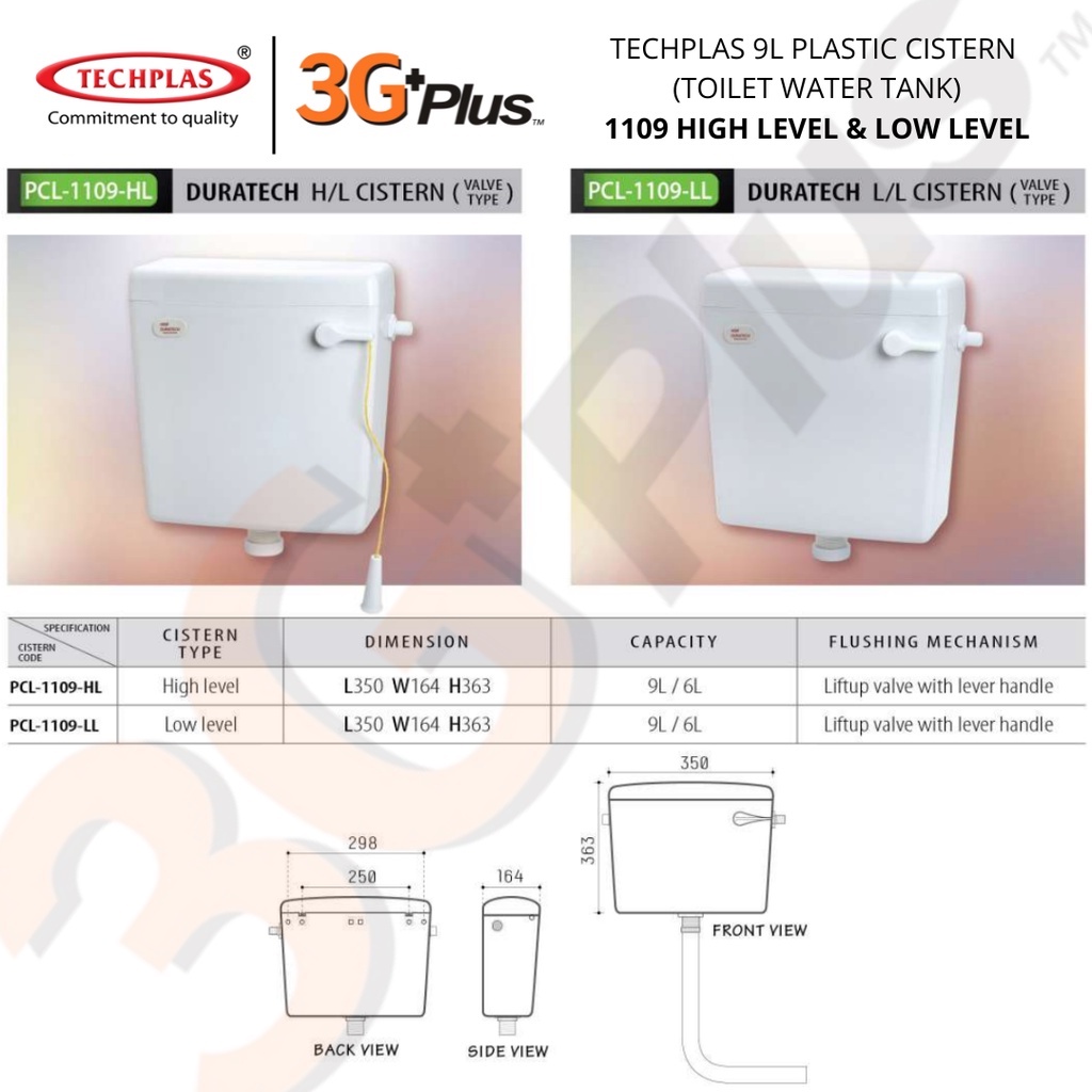 TECHPLAS 9LITRES Plastic Water Cistern Toilet Flushing Tank 1103/1104